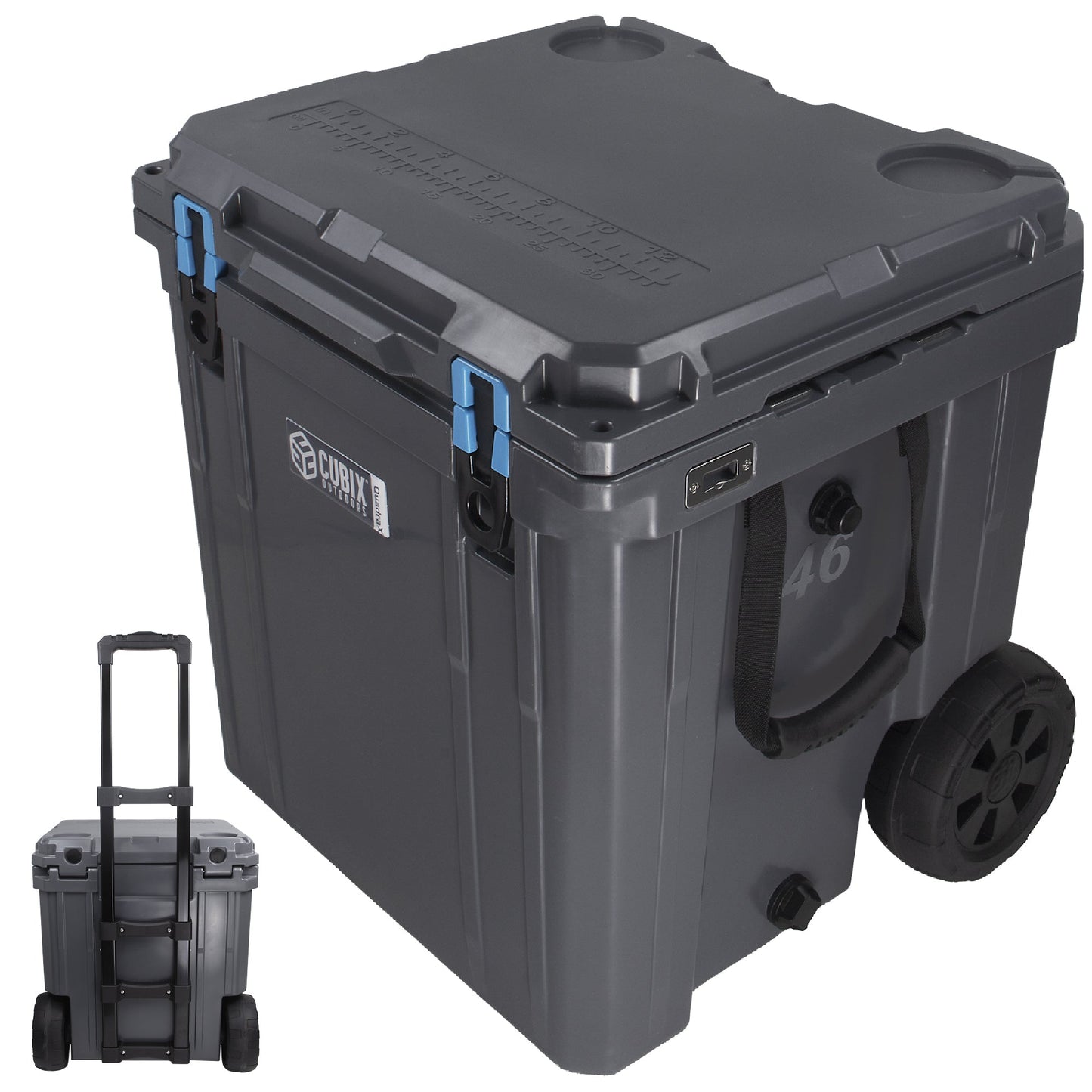 Open Box Item - 46 Quart Wheeled QuadraX Cooler - Rotomolded - Granite Grey w/ Green Latches