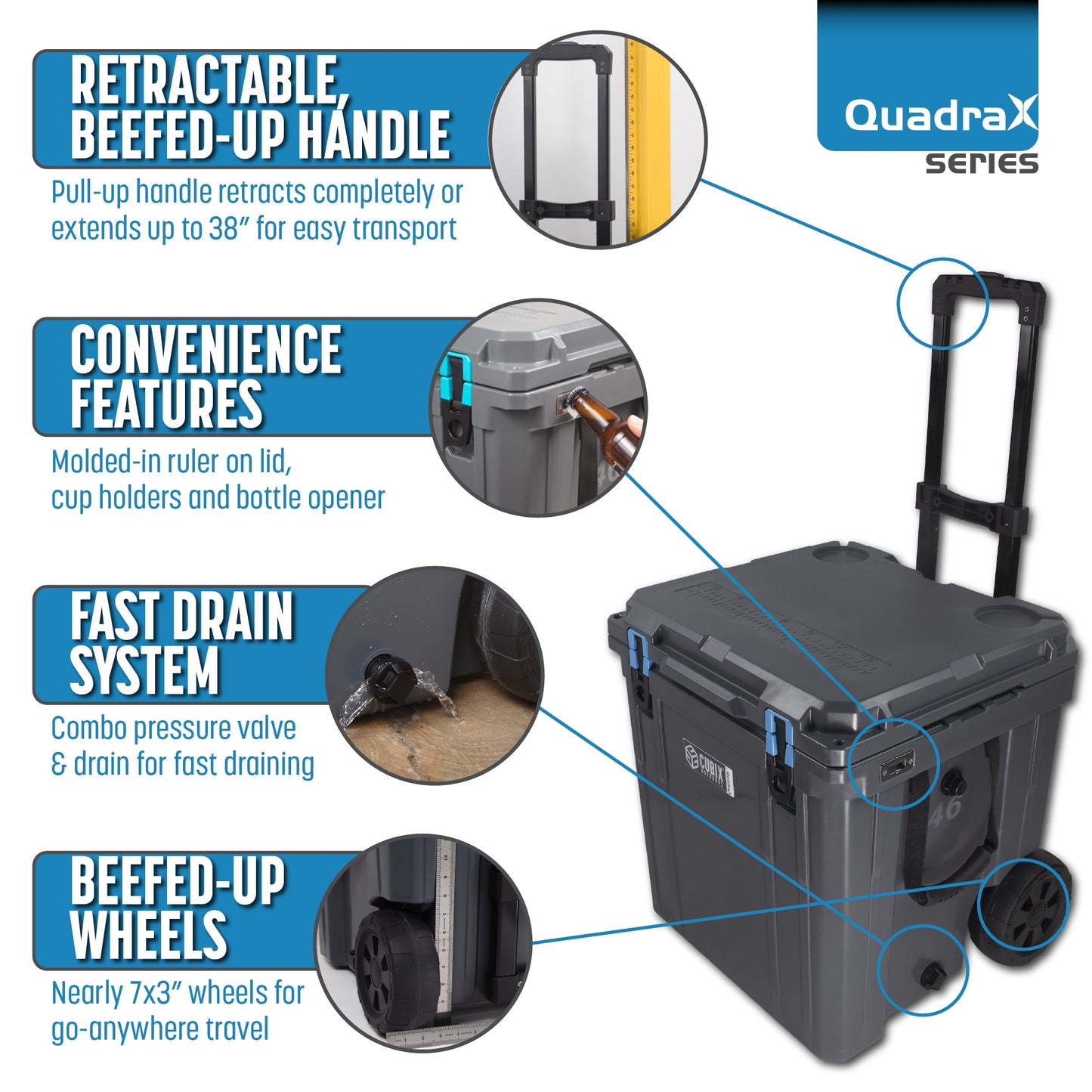 Open Box Item - 46 Quart Wheeled QuadraX Cooler - Rotomolded - Granite Grey w/ Green Latches