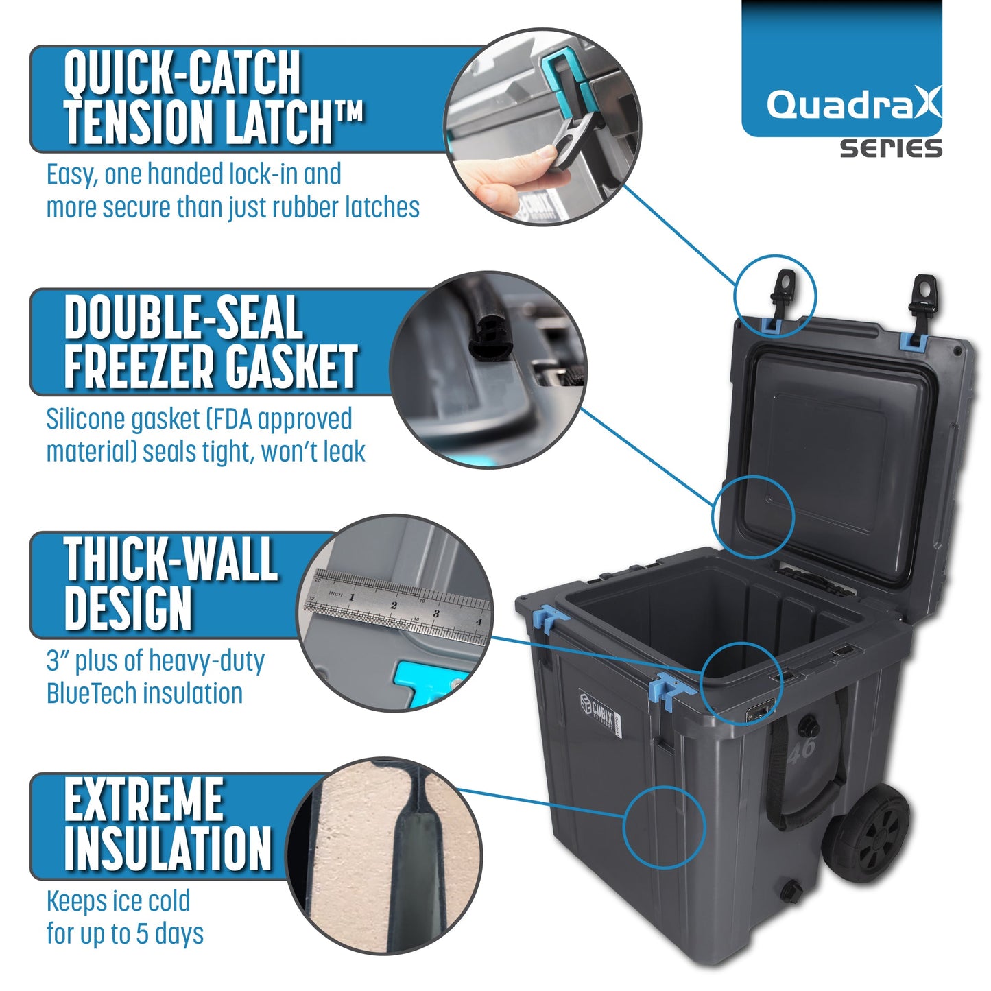 Open Box Item - 46 Quart Wheeled QuadraX Cooler - Rotomolded - Granite Grey w/ Green Latches