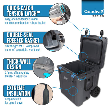 Open Box Item - 46 Quart Wheeled QuadraX Cooler - Rotomolded - Granite Grey w/ Green Latches