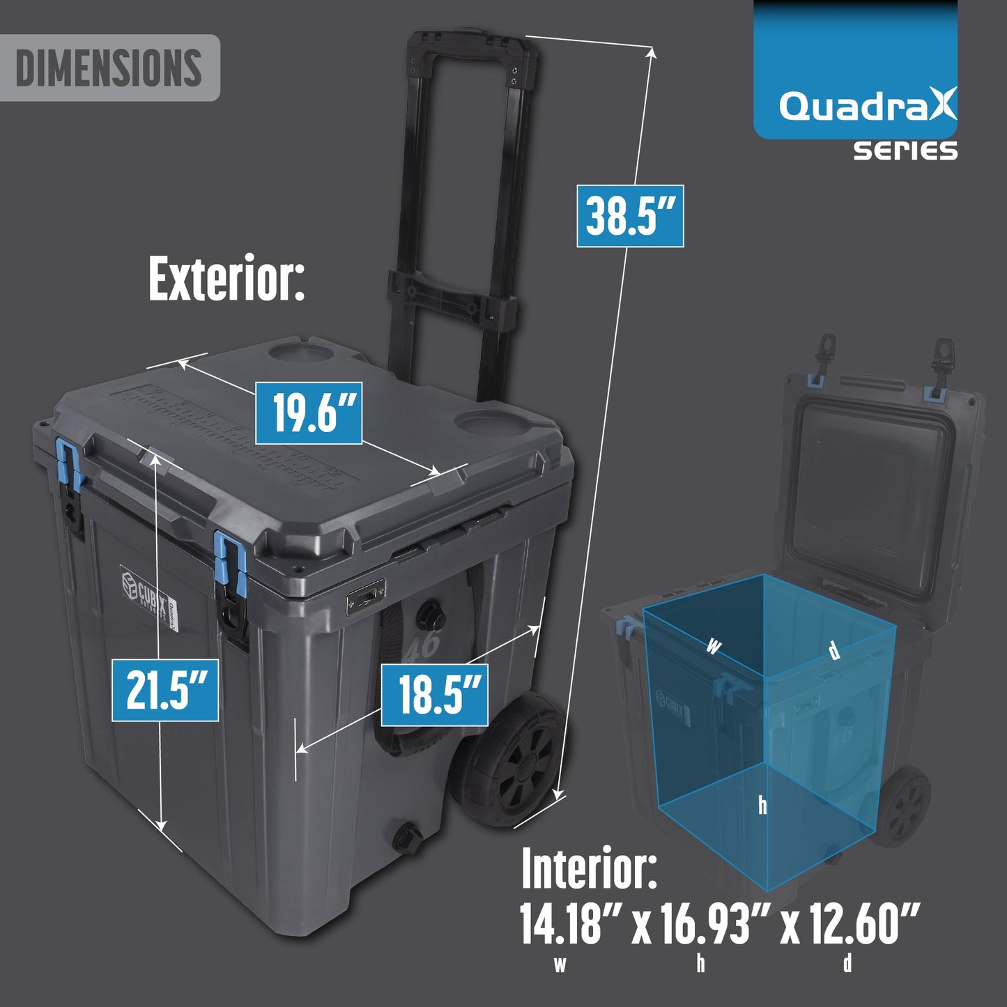 Open Box Item - 46 Quart Wheeled QuadraX Cooler - Rotomolded - Granite Grey w/ Green Latches